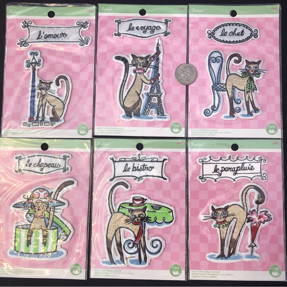 SIAMESE CAT French themed embroidered iron on patches (6) DRITZ NEW